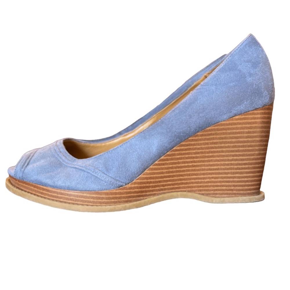 Lower East Side Vegan Suede Peep Toe Wedge 3.5” Heel Denim Blue Size 9.5